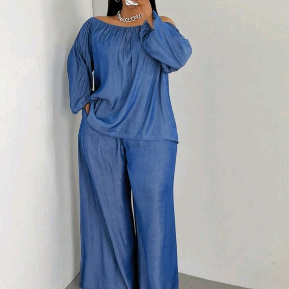 SHEIN Blue Off-Shoulder Wide Leg Jumpsuit